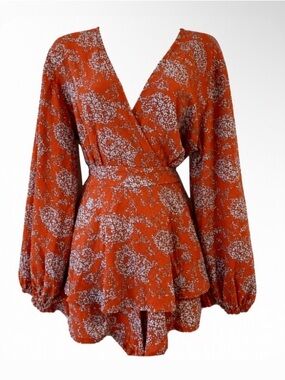 Rust Orange and Grey Floral Wrap Romper - Size XL